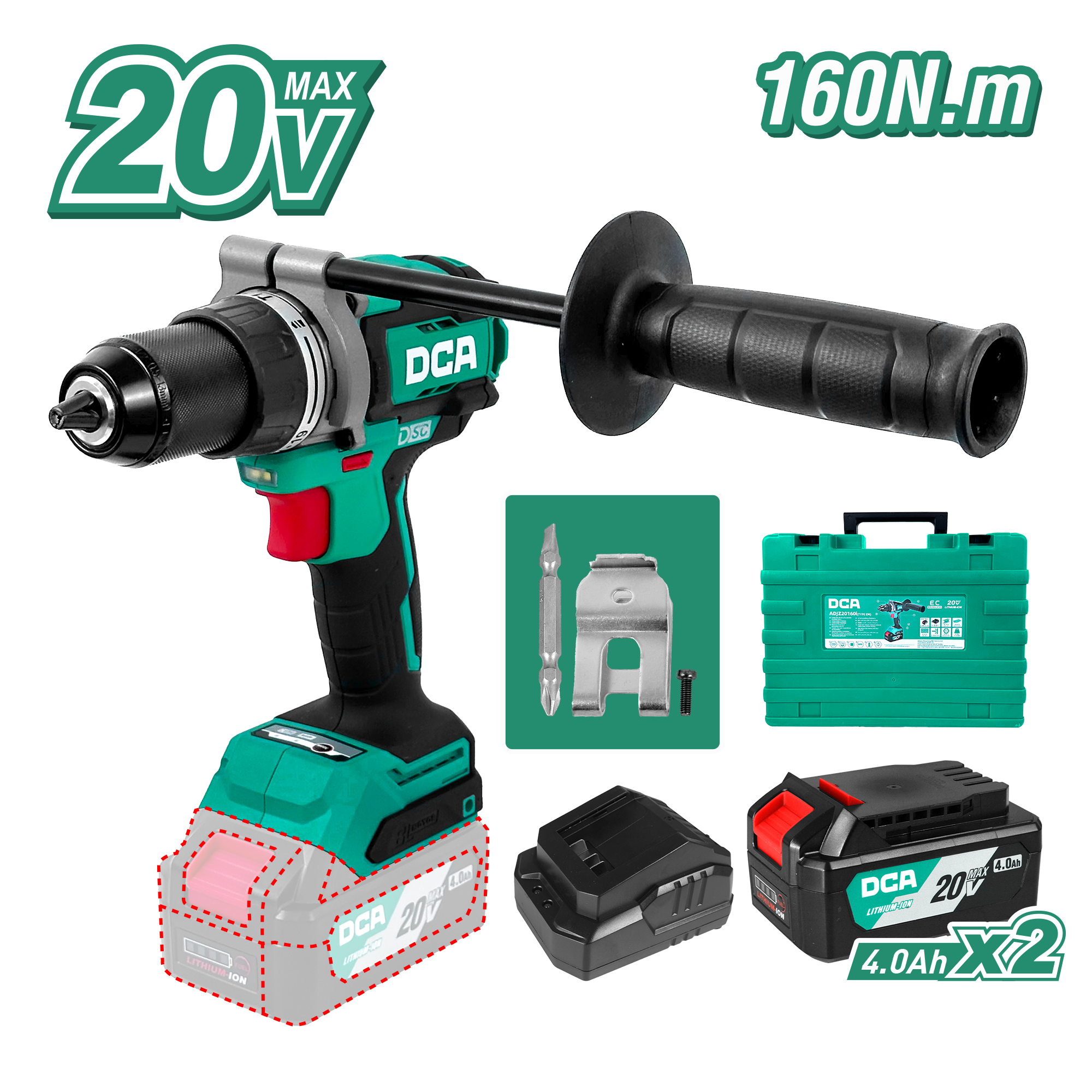 TALADRO PERCUTOR 20V BRUSHLESS 13MM 160N.M (19+2) B:2X4.0AH MALETIN