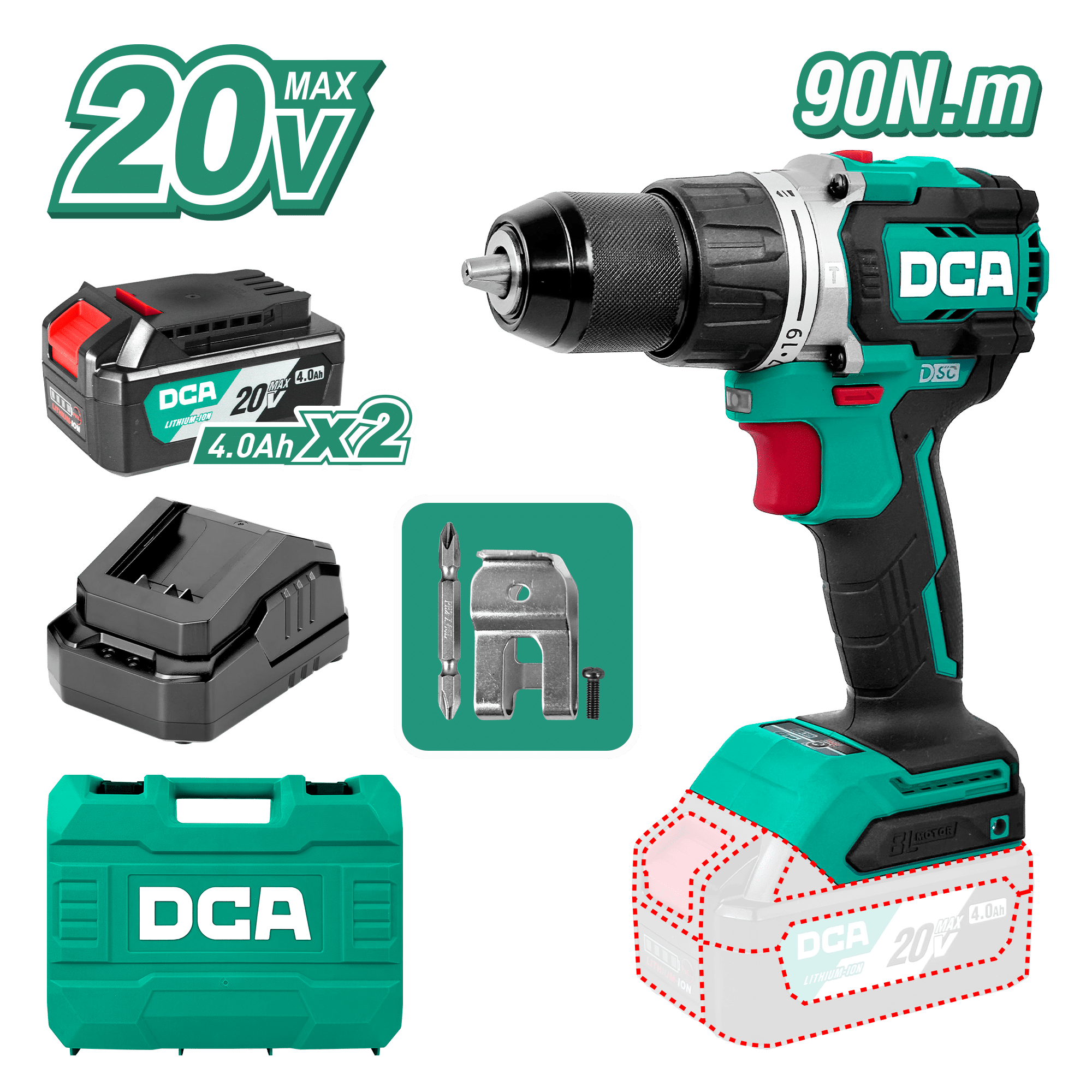 TALADRO PERCUTOR 20V BRUSHLESS 13MM 90N.M (19+2) B:2X4.0AH MALETIN