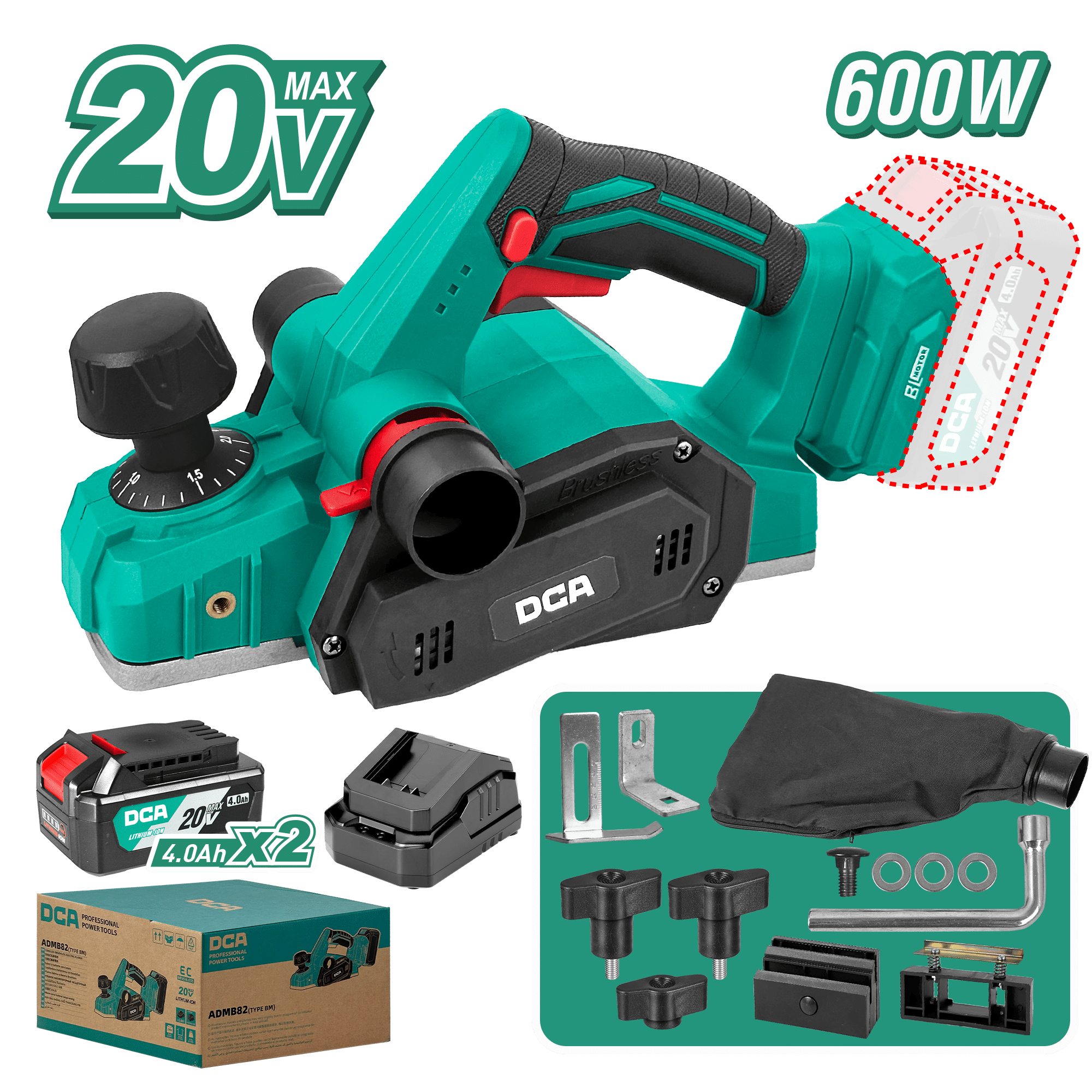 CEPILLO ELECTRICO 20V 600W 16000RPM 2X4.0AH