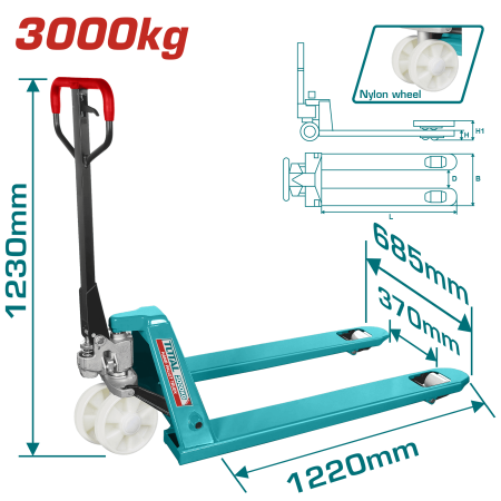 PALETA HIDRAULICA 3000KG 220X68.5X124CM RUEDA NYLON INDUSTRIAL
