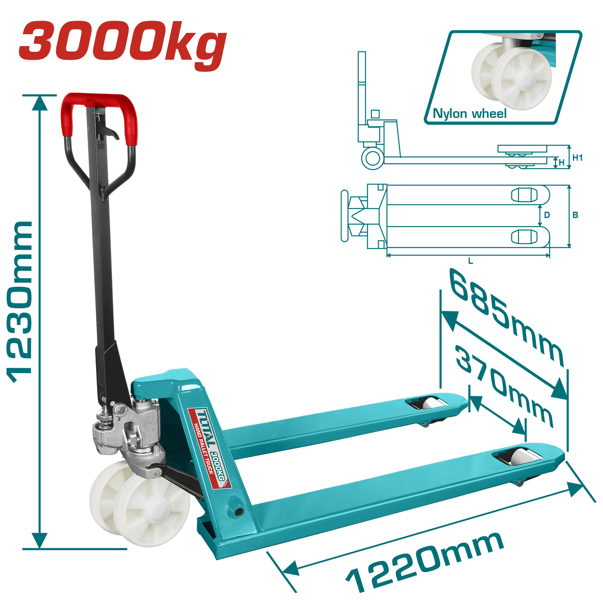 PALETA HIDRAULICA 3000KG 220X68.5X124CM RUEDA NYLON INDUSTRIAL