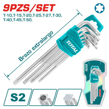 SET DE LLAVES TORX 9PCS S2 T10-T50 BRAZO LARGO INDUSTRIAL