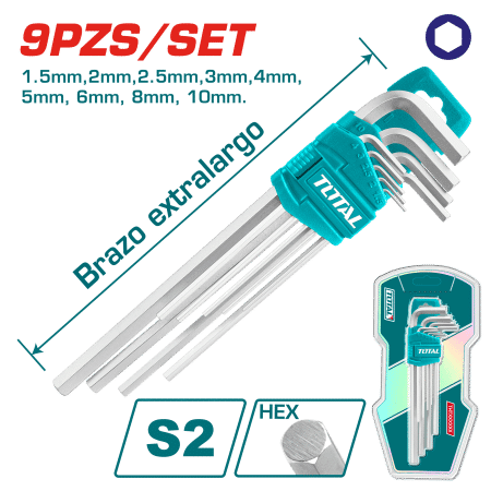 SET DE LLAVES ALLEN HEX 9PCS S2 1.5-10MM EXTRA BRAZO LARGO INDUSTRIAL