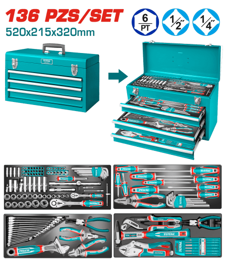 SET HERRAMIENTAS MANUALES 136PCS ESTUCHE METALICO 520X215X320 CAJONES INDUSTRIAL