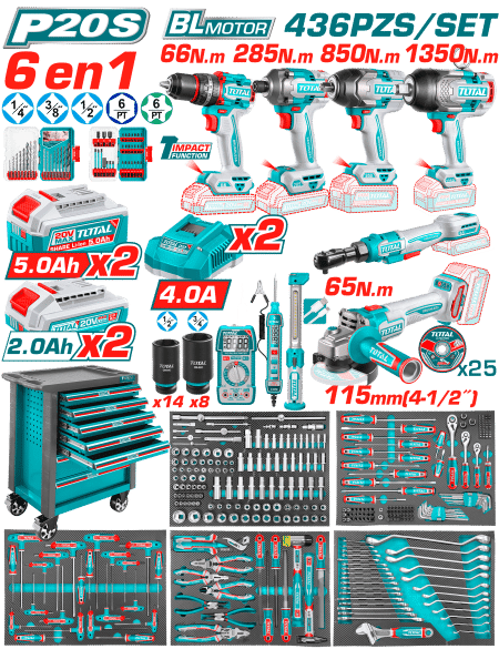 SET GABINETE 7C (6EN1) + HERRAMIENTAS + LLAVE IMPACTO 20V 850NM 436PCS INDUSTRIAL