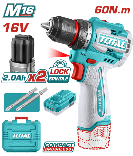 TALADRO 16V BL 60NM 13MM 20+1 2X2.0AH +ACC MALETIN INDUSTRIAL