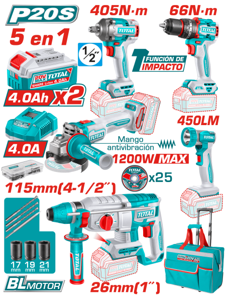 COMBO 20V (5EN1) TALAD. + LLAVE IMP. + AMOL. + ROTOM. + LINTERNA 2X4.0AH +ACC INDUSTRIAL