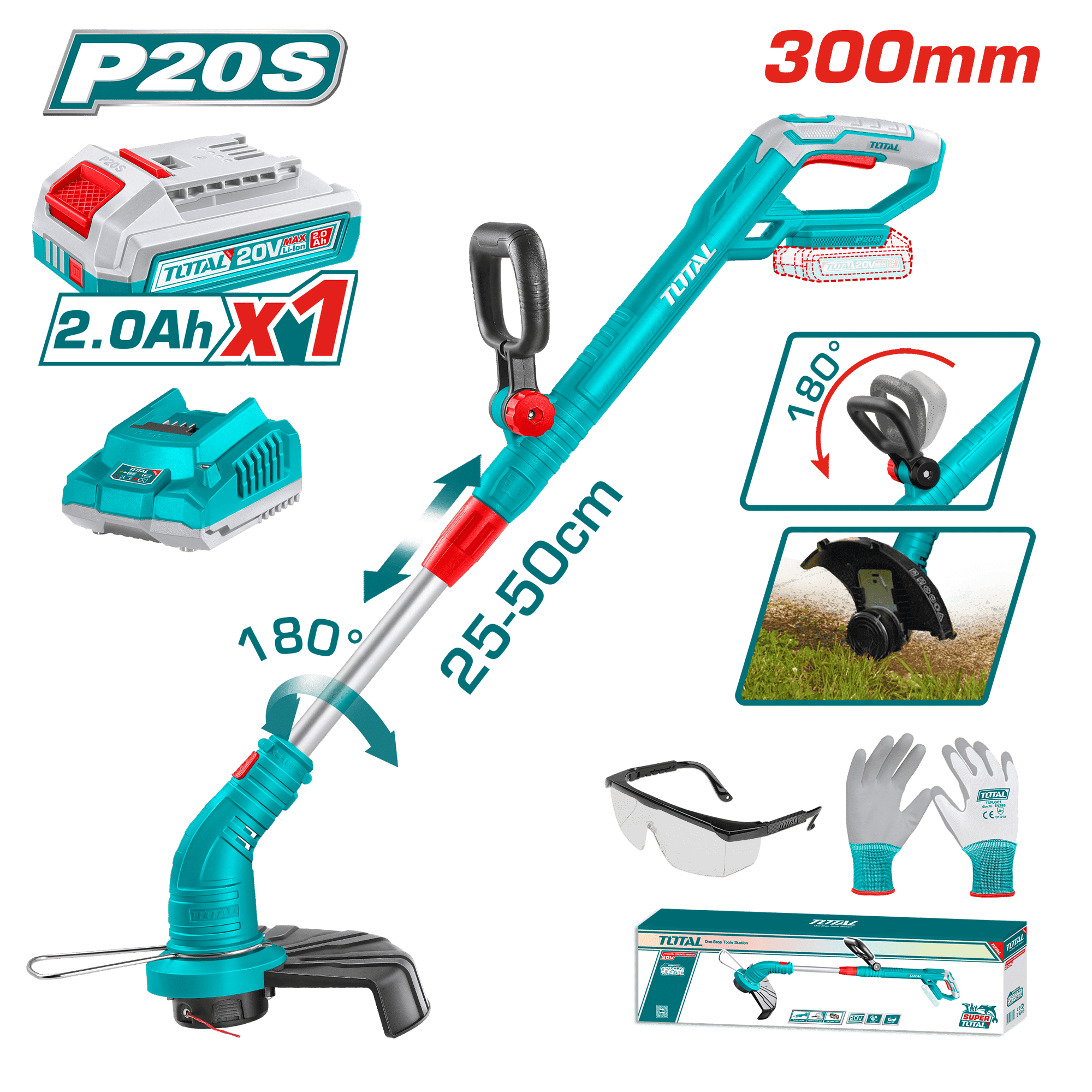 GUADAÑA LI-ION 20V 8200RPM CORTE 300MM LINEA 1.6MMX5M L:50-80CM 1X2.0AH +ACC