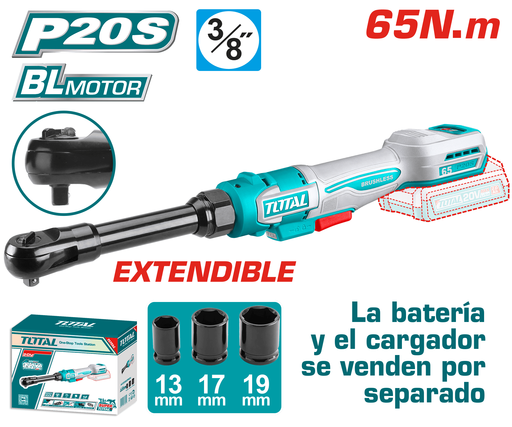 ATORNILLADOR RATCHET EXTENDIDO 20V 65NM 3/8'' 0-350RPM +ACC INDUSTRIAL