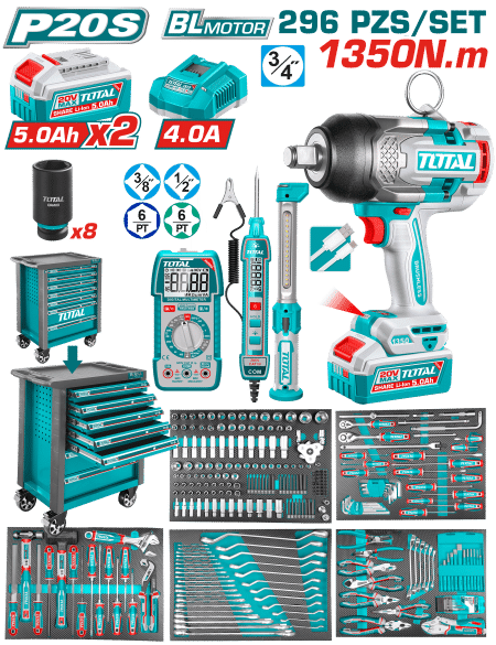 SET GABINETE 7 CAJONES + HERRAMIENTAS + LLAVE IMP. 20V 1350NM 296PCS INDUSTRIAL