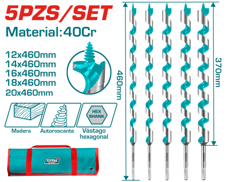 BROCA DE BARRENA 5PCS 40CR 12/14/16/18/20 X 460MM HEX BOLSA LONA INDUSTRIAL