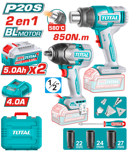COMBO (2EN1) LLAVE IMP(850NM) + PIST.CALOR 2X5.0AH + ACC Y MALETIN INDUSTRIAL