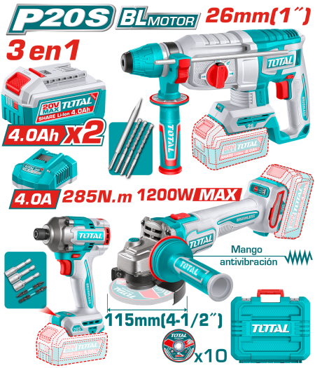 COMBO (3EN1) 20V ROTOM(26MM)+AMO(1200W)+ATORN(285NM) 2X4.0AH +ACC Y MALETIN INDUSTRIAL