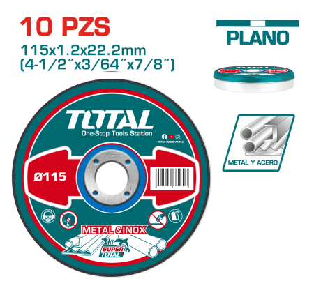 SET DISCOS ABRASIVO/CORTE P/METAL 115x1.2x22.2MM 10PZS