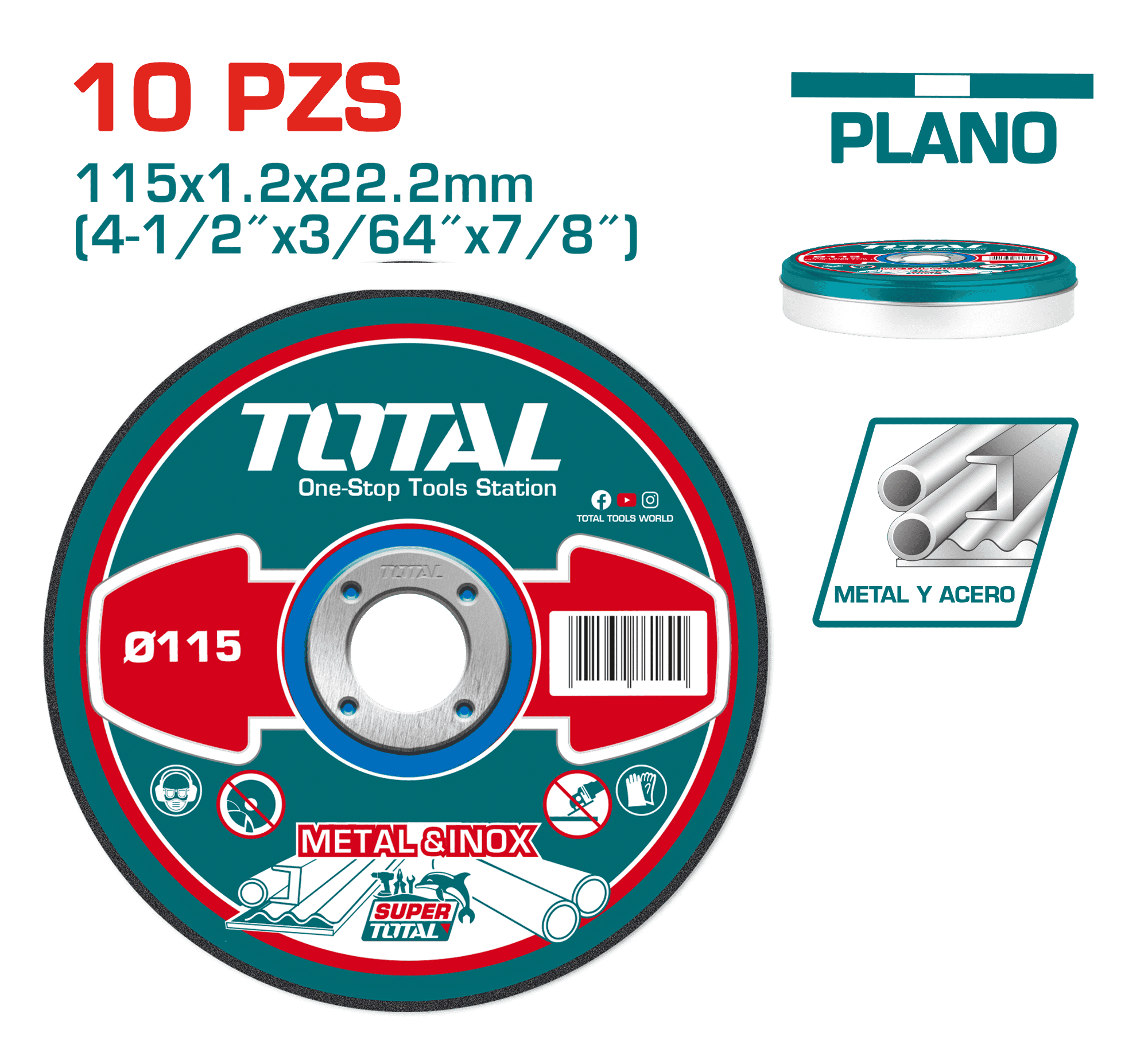 SET DISCOS ABRASIVO/CORTE P/METAL 115x1.2x22.2MM 10PZS