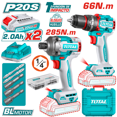 COMBO TALADRO PERCUTOR 66 N.M + ATORNILLADOR IMPACTO 285N.M 20V + ACC 2X2.0AH MALETIN INDUSTRIAL