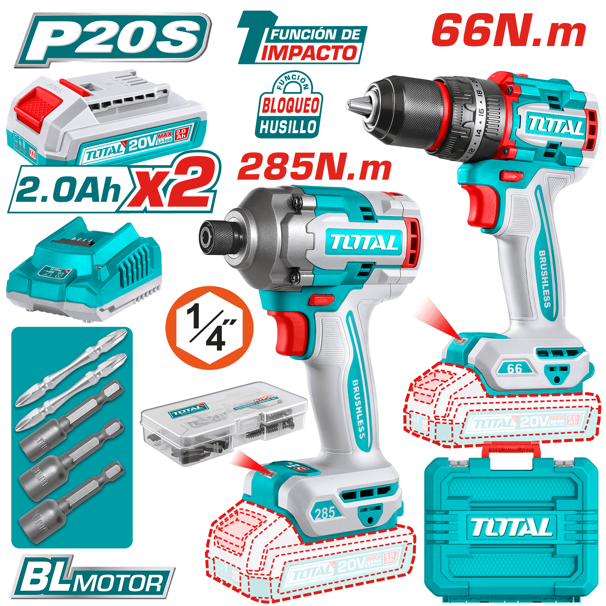 COMBO TALADRO PERCUTOR 66 N.M + ATORNILLADOR IMPACTO 285N.M 20V + ACC 2X2.0AH MALETIN INDUSTRIAL