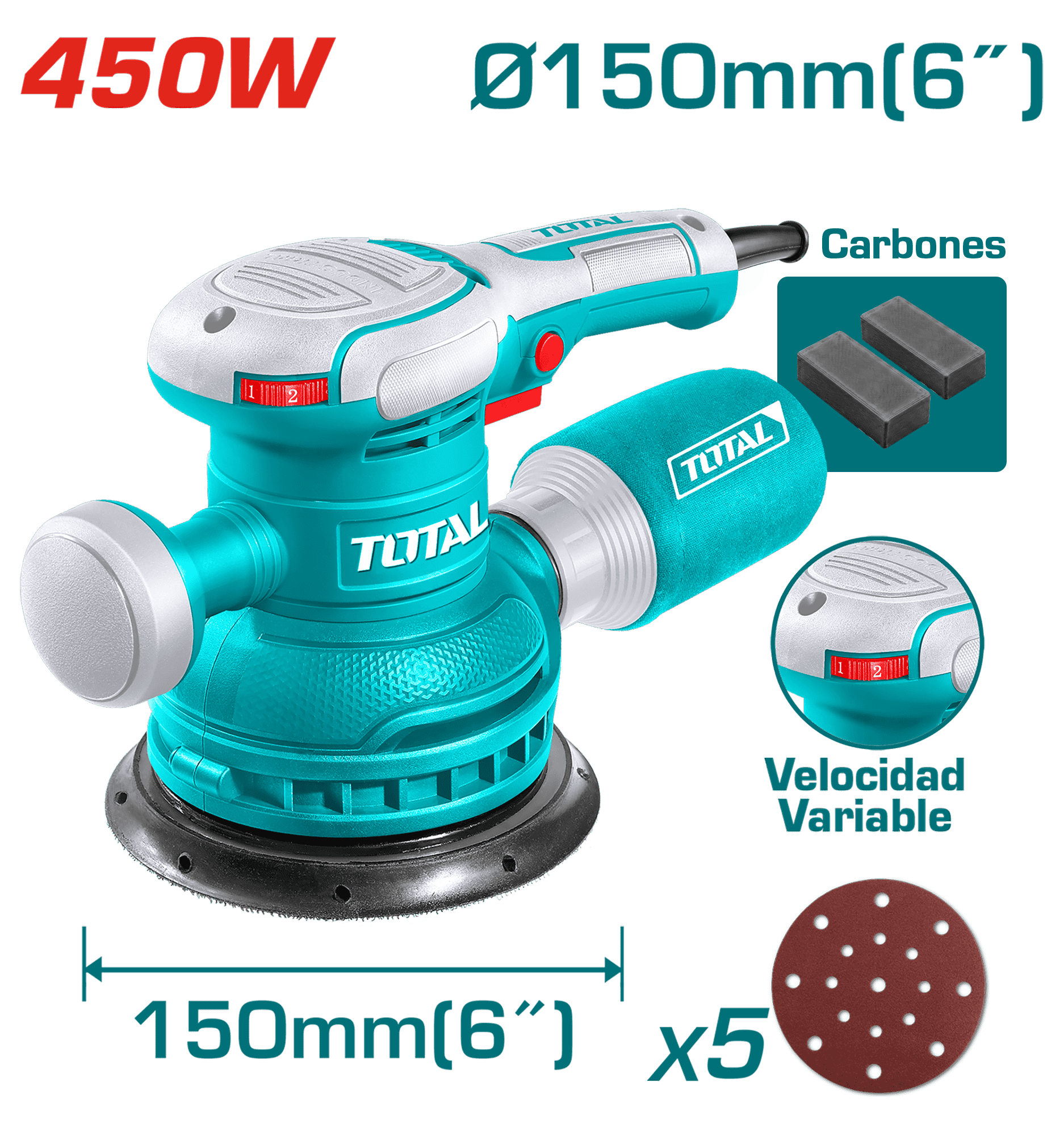 LIJADORA ROTATIVA 450W 6000-12000RPM VARIABLE 150MM 6'' INDUSTRIAL