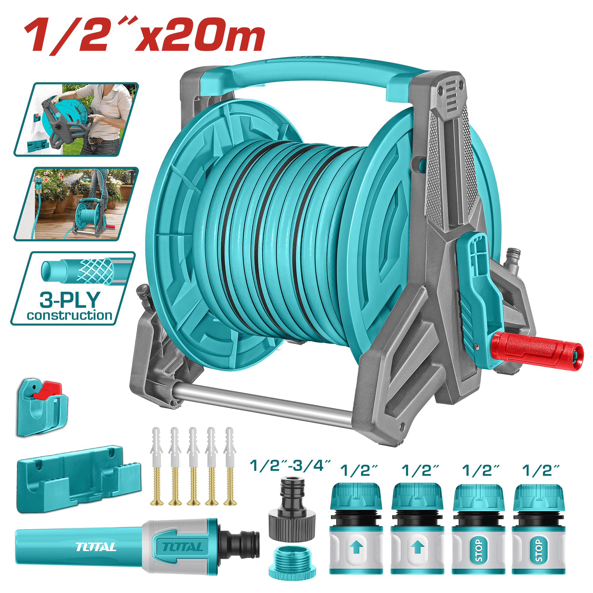 CARRETE CON MANGUERA 20M X 1/2'' PVC INC. ACCESORIOS
