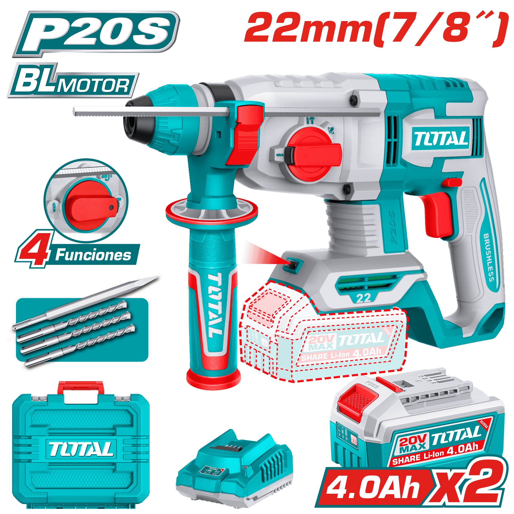 ROTOMARTILLO SDS+ 22MM 20V 2.0J 0-5400BPM BRUSHLESS 2X4.0AH 4FUNC INDUSTRIAL