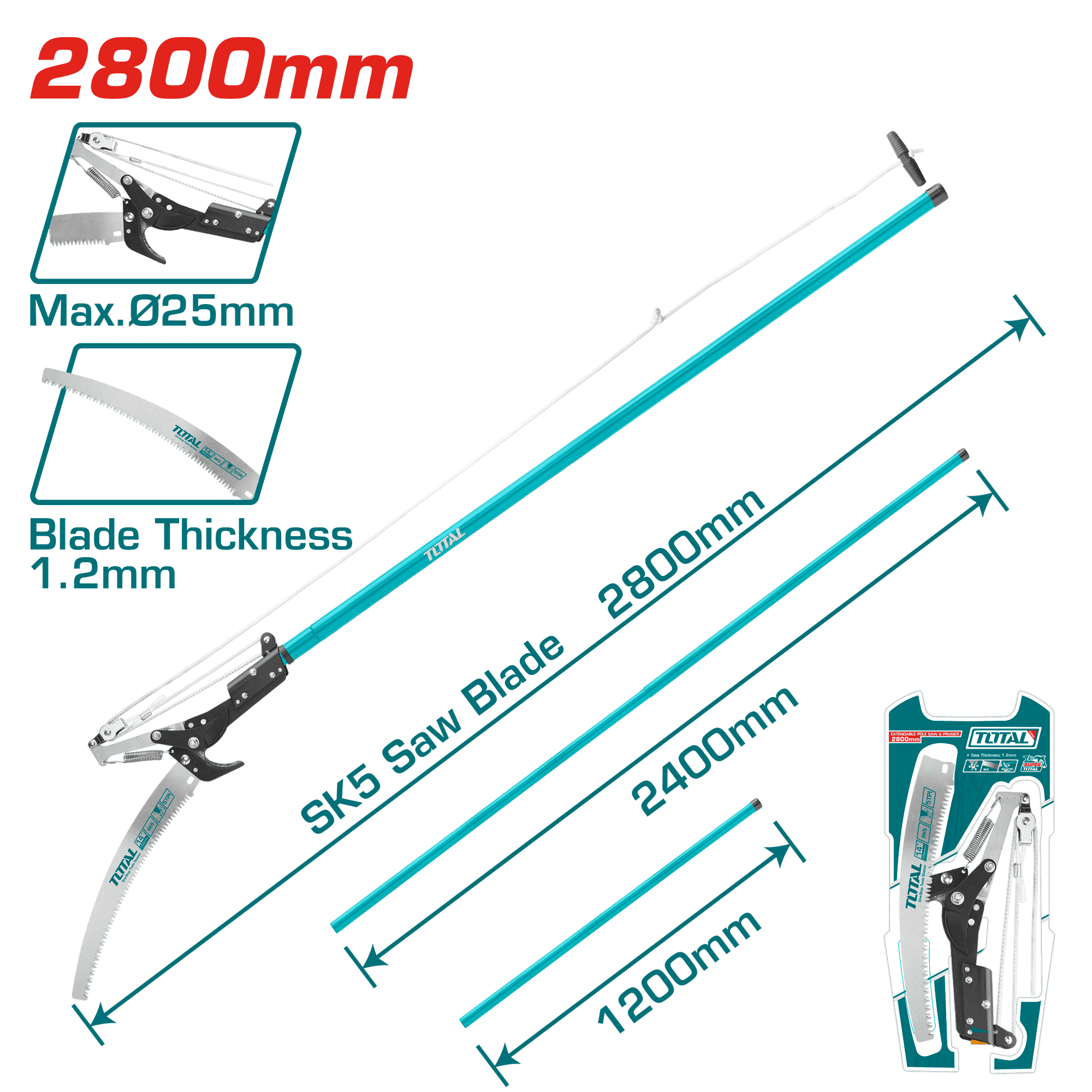 SIERRA DE MANGO EXTENDIBLE 2800MM HOJA:1.2MM SK5 TRIPLE DIENTE INDUSTRIAL