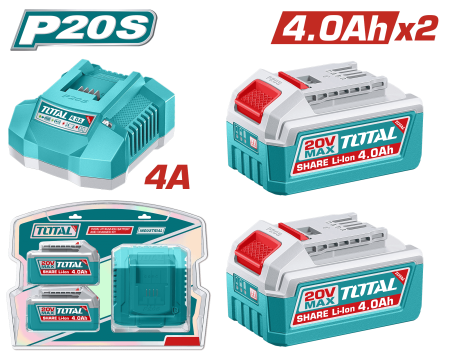 SET DE BATERIAS LI-ION 20V 4.0AH 2PCS + CARGADOR 4A INDUSTRIAL