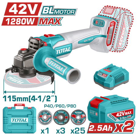 AMOLADORA 42V BLMOTOR 3000/6500/10000RPM 115MM M14 1280WMAX 2X2.5AH +ACC MALETIN INDUSTRIAL