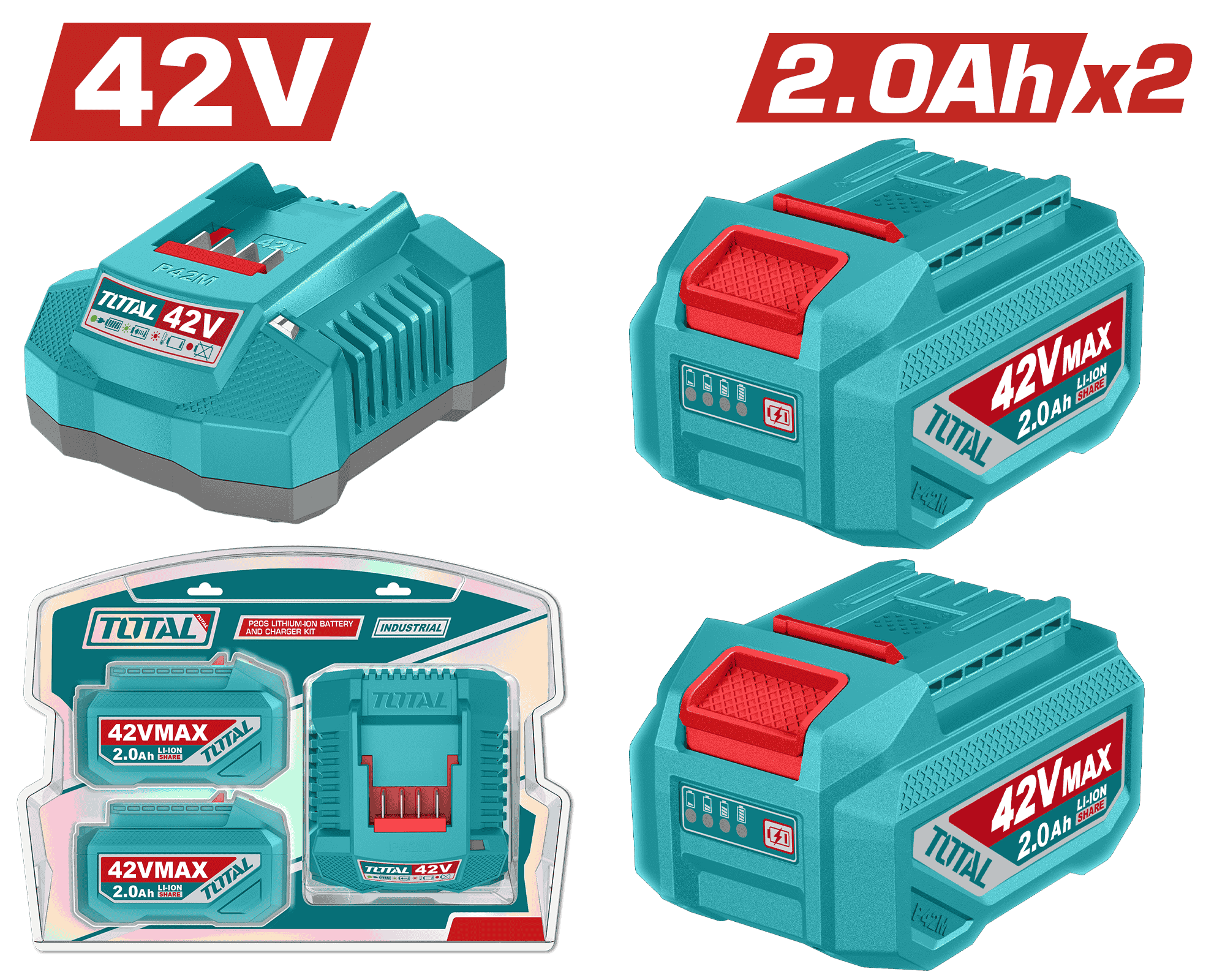SET DE BATERIAS LI-ION 42V 2.0AH 2PCS + CARGADOR INDUSTRIAL