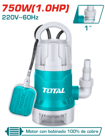 BOMBA SUMERGIBLE A/RESIDUAL AC INOX 750W(1.0HP) H:7M C:217L/MIN S:1PULG
