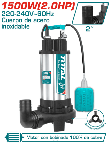 BOMBA SUMERGIBLE A/RESIDUAL AC INOX 1500W(2.0HP) H:14.5M C:350L/MIN S:2PULG