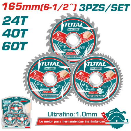 SET DISCOS DENTADOS 165MM 3PCS 24T/40T/90T ULTRA DELGADO: 1MM INDUSTRIAL