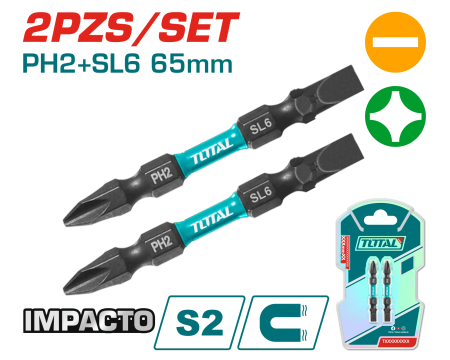 SET DE PUNTAS IMPACTO 65MM PH2+SL6 S2 MAGNETICO 2PCS DOBLE LADO INDUSTRIAL