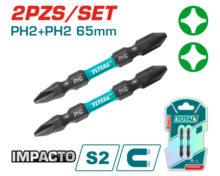 SET DE PUNTAS IMPACTO 65MM PH2+PH2 S2 MAGNETICO 2PCS DOBLE LADO INDUSTRIAL