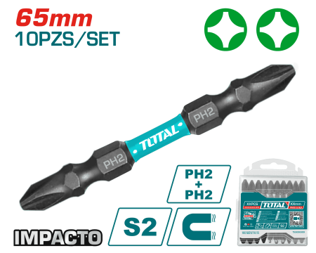 SET DE PUNTAS 65MM PH2+PH2 S2 10PCS MAGNETICAS DOBLE LADO INDUSTRIAL