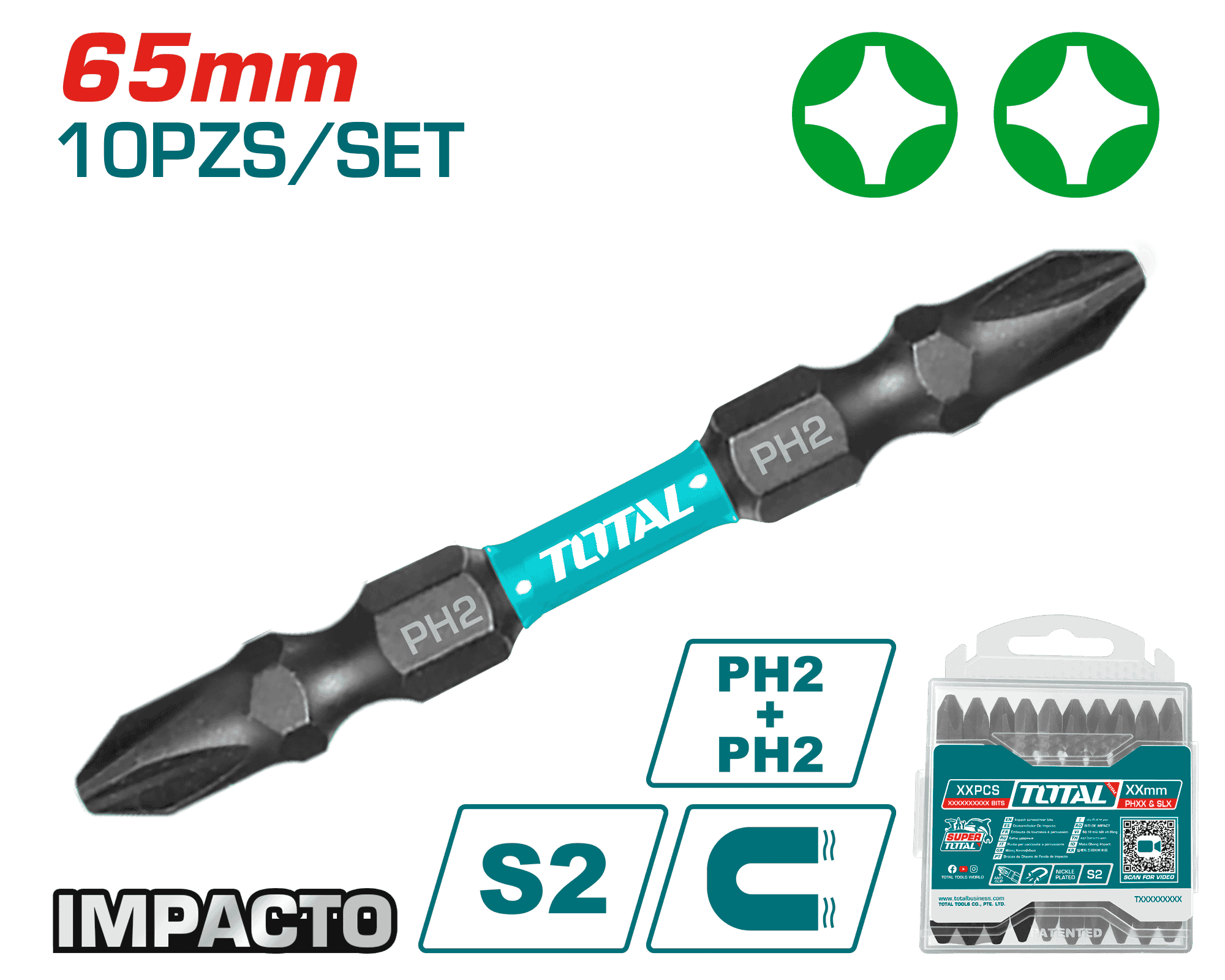 SET DE PUNTAS 65MM PH2+PH2 S2 10PCS MAGNETICAS DOBLE LADO INDUSTRIAL