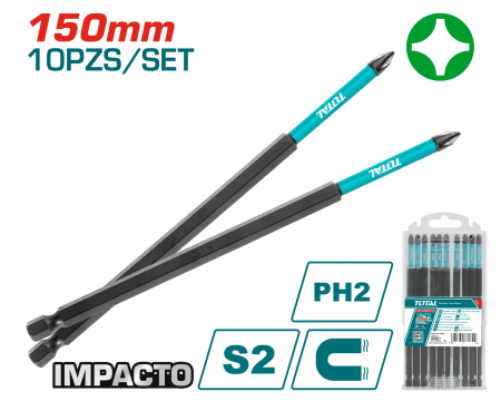 SET DE PUNTAS 200MM IMPACTO PH2 S2 MAGNETICAS 10PCS INDUSTRIAL