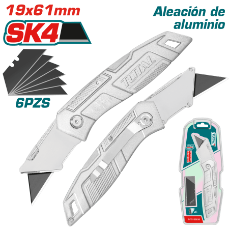 CUCHILLA UTILITARIA PLEGABLE HOJA: 19X61MM SK4 ALUMINIO + 6 HOJAS
