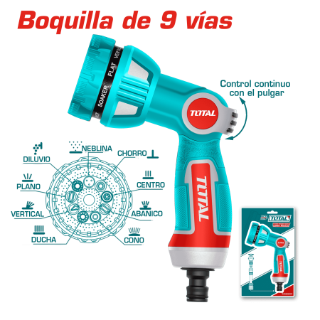 PISTOLA DE AGUA 9 PATRONES TPR AGARRE SUAVE CONTROL DE VELOCIDAD