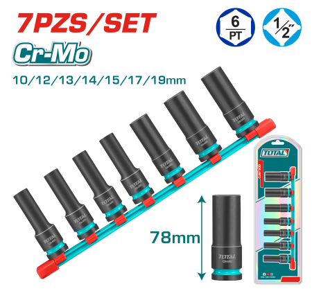 SET DADOS IMPACTO LARGO 1/2'' 10-19MM 7PCS CR-MO INDUSTRIAL