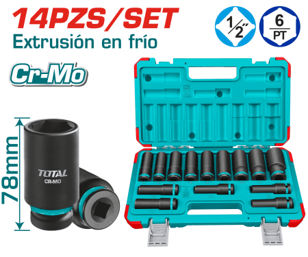 SET DADOS IMPACTO LARGO 1/2'' 10-27MM 14PCS CR-MO MALETIN INDUSTRIAL