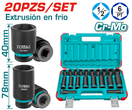 SET DADOS IMPACTO CORTO/LARGO 1/2'' 2X(10-24)MM 20PCS CR-MO MALETIN INDUSTRIAL
