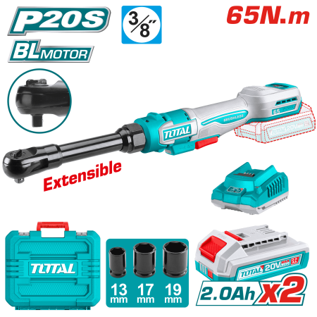 ATORNILLADOR RATCHET EXTENDIDO 20V 65NM 3/8'' 0-350RPM 2X2.0AH +ACC INDUSTRIAL