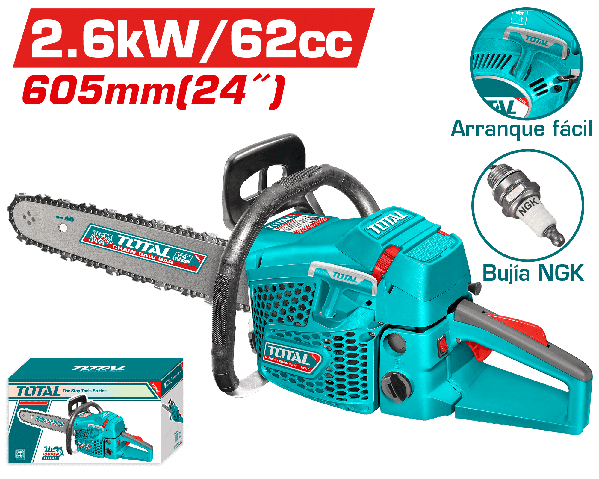 MOTOSIERRA 62CC 2.6KW ESPADA 24” 550ML BOTOR 2 TIEMPOS INDUSTRIAL