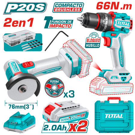 COMBO 2EN1 20V TALADRO 66NM + AMOLADORA 3'' 2X2.0AH + ACC MALETIN INDUSTRIAL