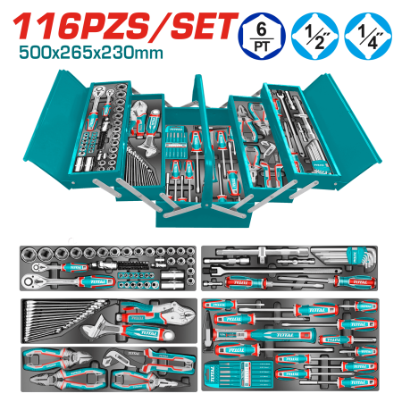 SET HERRAMIENTAS MANUALES 116PCS ESTUCHE METALICO 500X265X230 DESPLEGABLE INDUSTRIAL