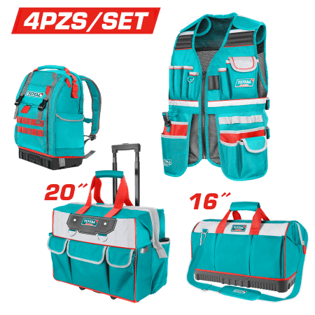 COMBO 4PCS CHALECO + PORTA HERRAMIENTAS 20'' + MALETIN 16'' Y MOCHILA 1680D POLYESTER