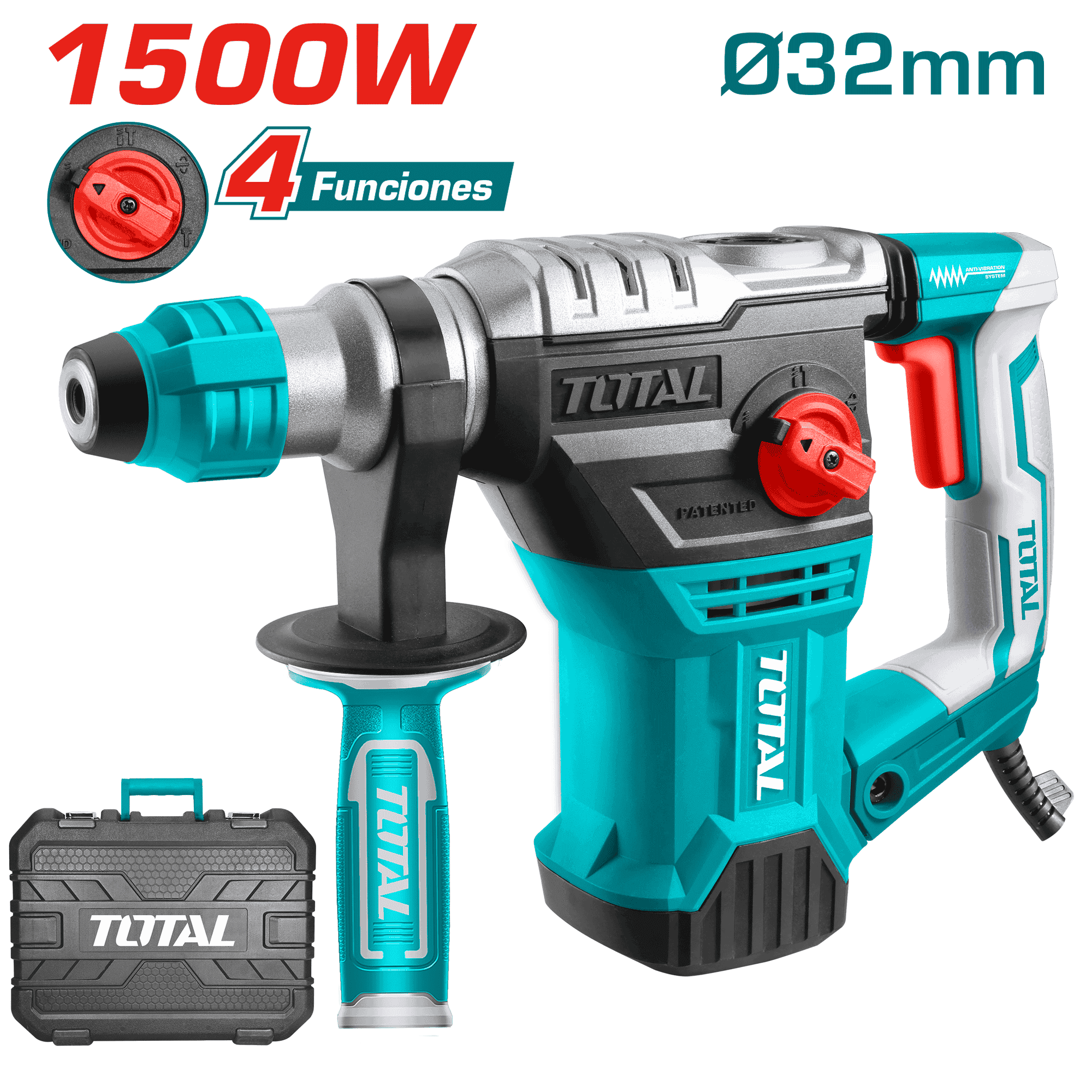 ROTOMARTILLO SDS+ 32MM 1500W 850RPM 4400BPM 5.5J 4FUNC MALETIN INDUSTRIAL