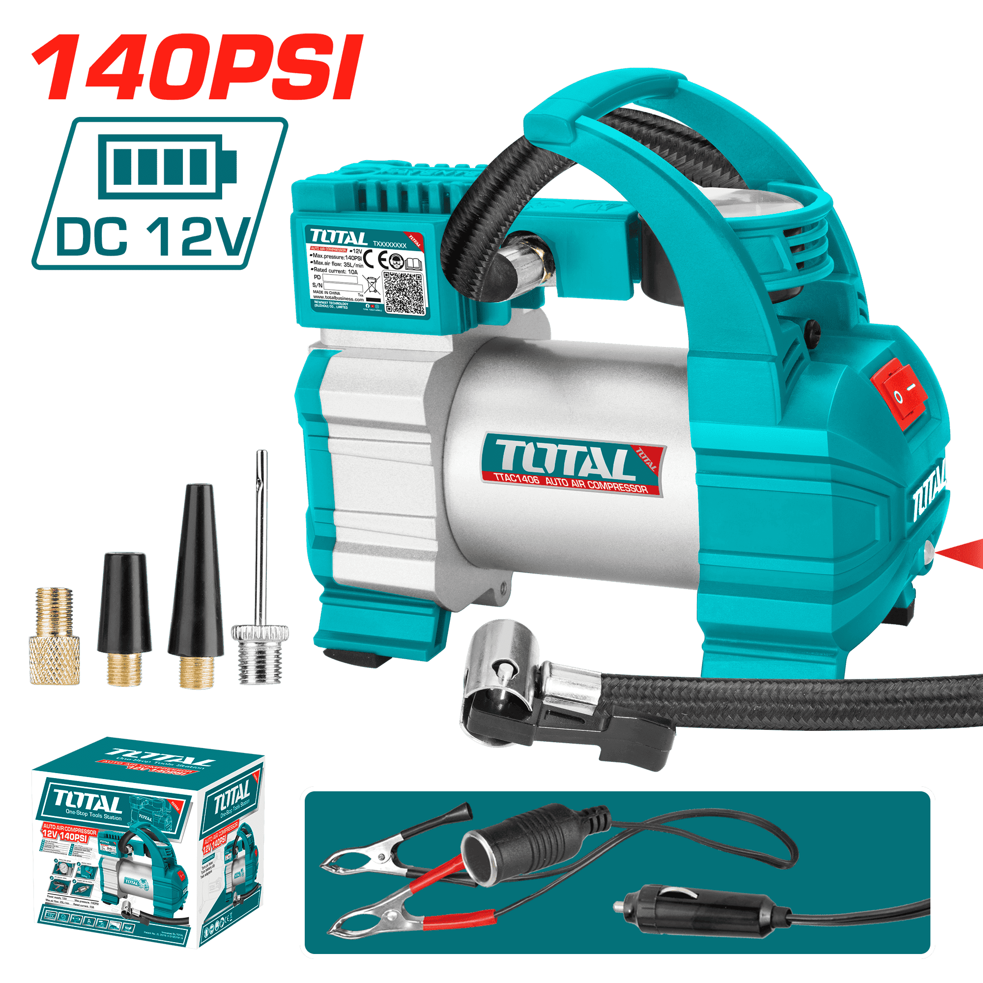 MINICOMPRESORA DC12V 140PSI 35L/MIN CON LED Y ACCESORIOS