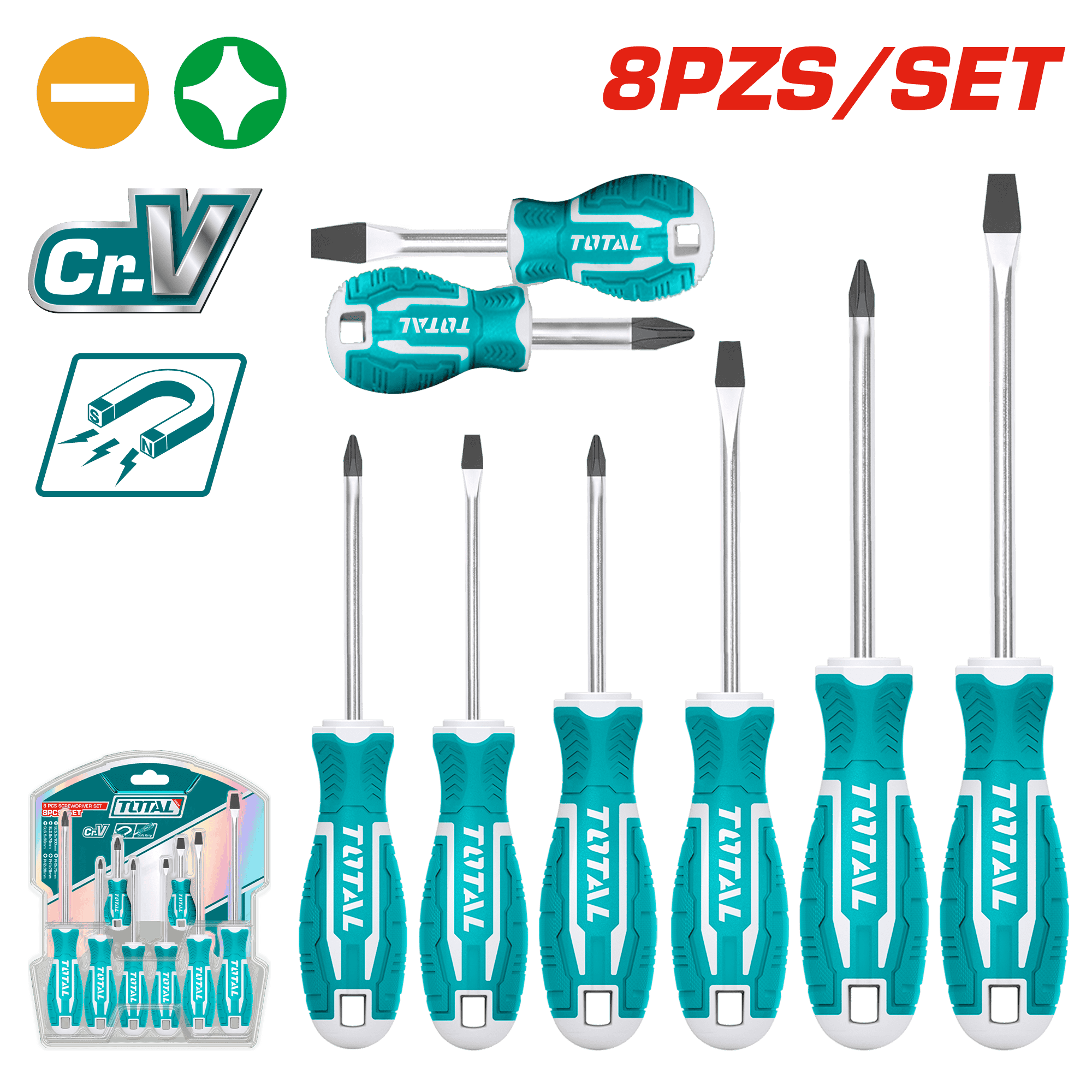 SET DESTORNILLADORES 8PCS CR.V 4XSL+4PH 38/75/100/150MM MAG.