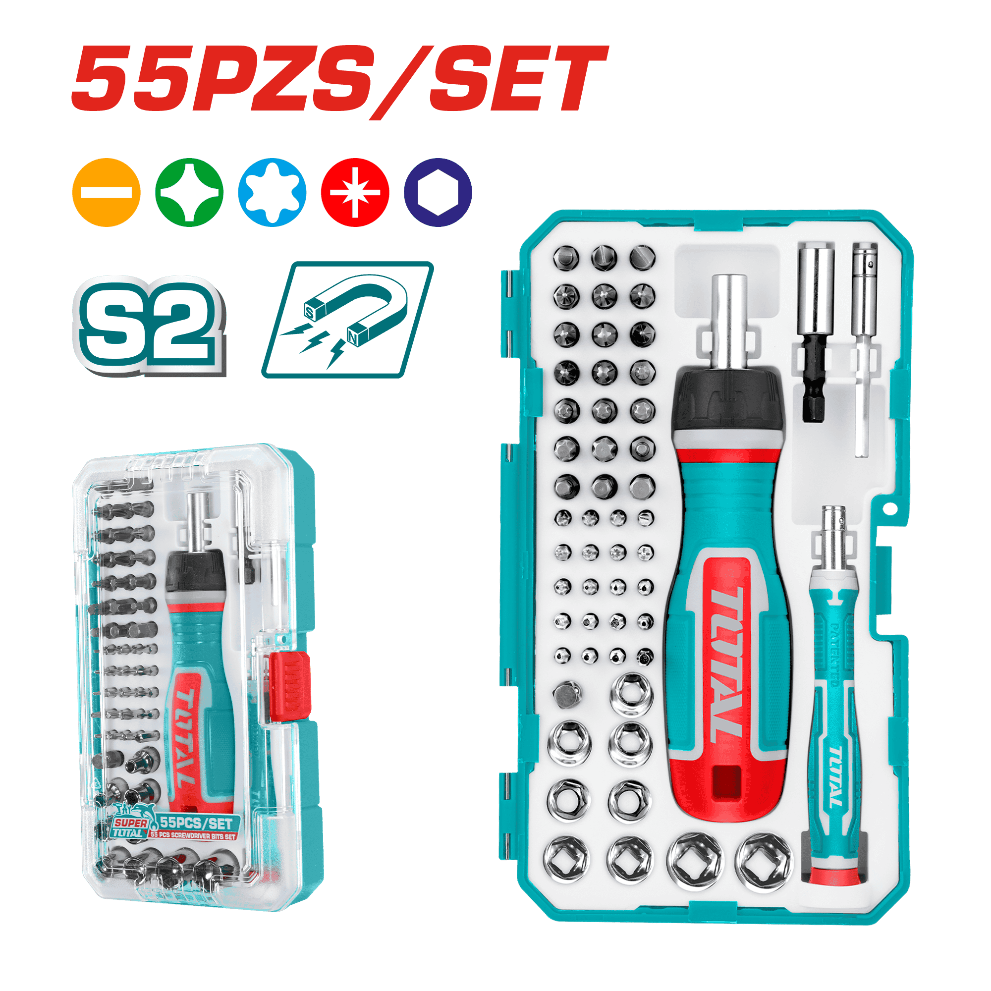 SET DESTORNILLADOR + PUNTAS 55PZS S2 MAGNETICO ESTUCHE INDUSTRIAL
